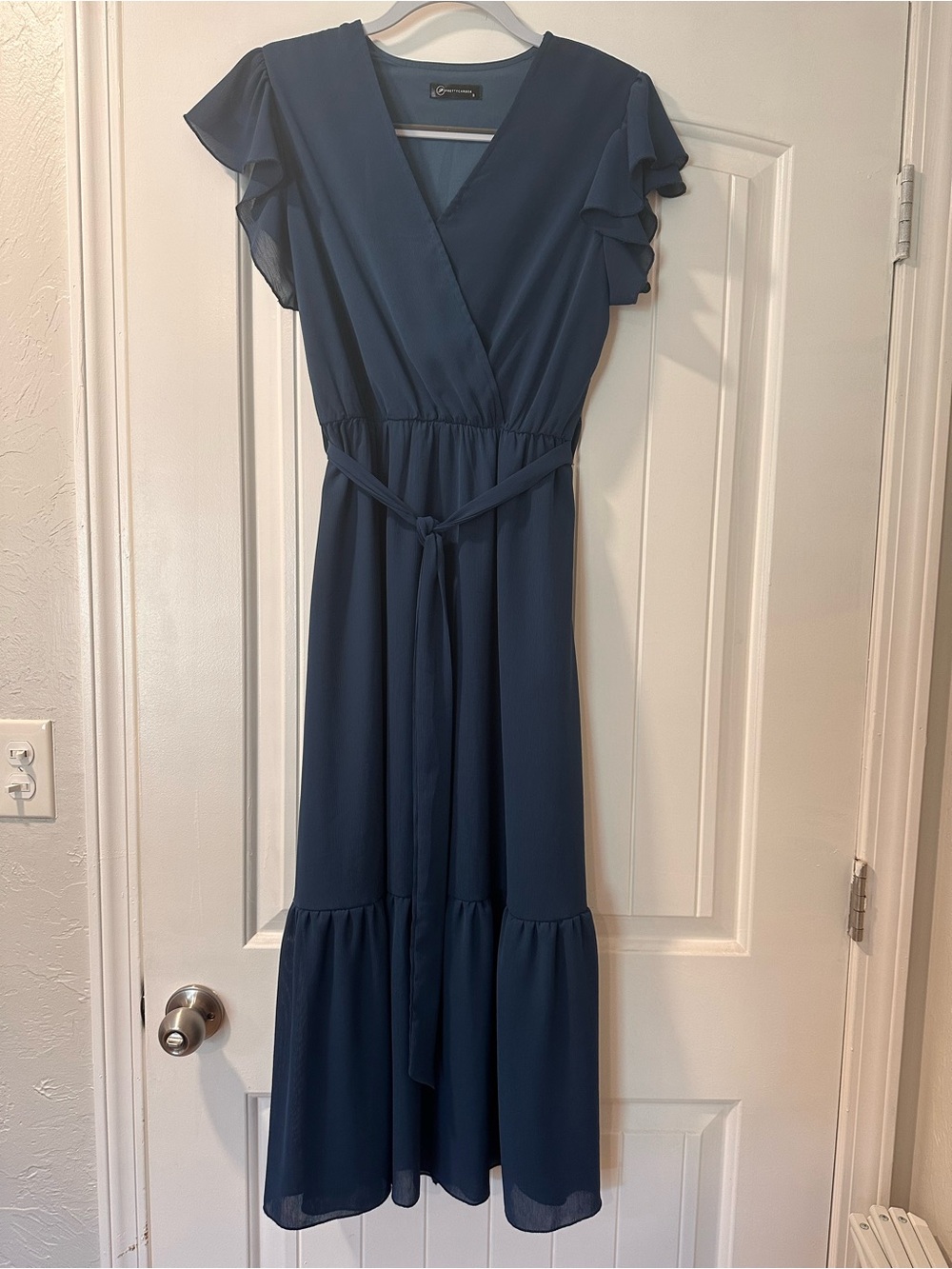 Elegant Navy Wrap Maxi Dress with Flutter Sleeves